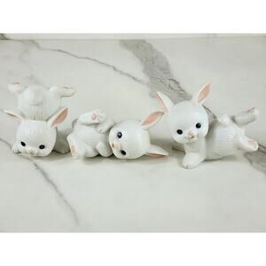 Homco Trio White Bunny Rabbit Tumbling Figurines 4" Home Decor 90s Ceramic x3